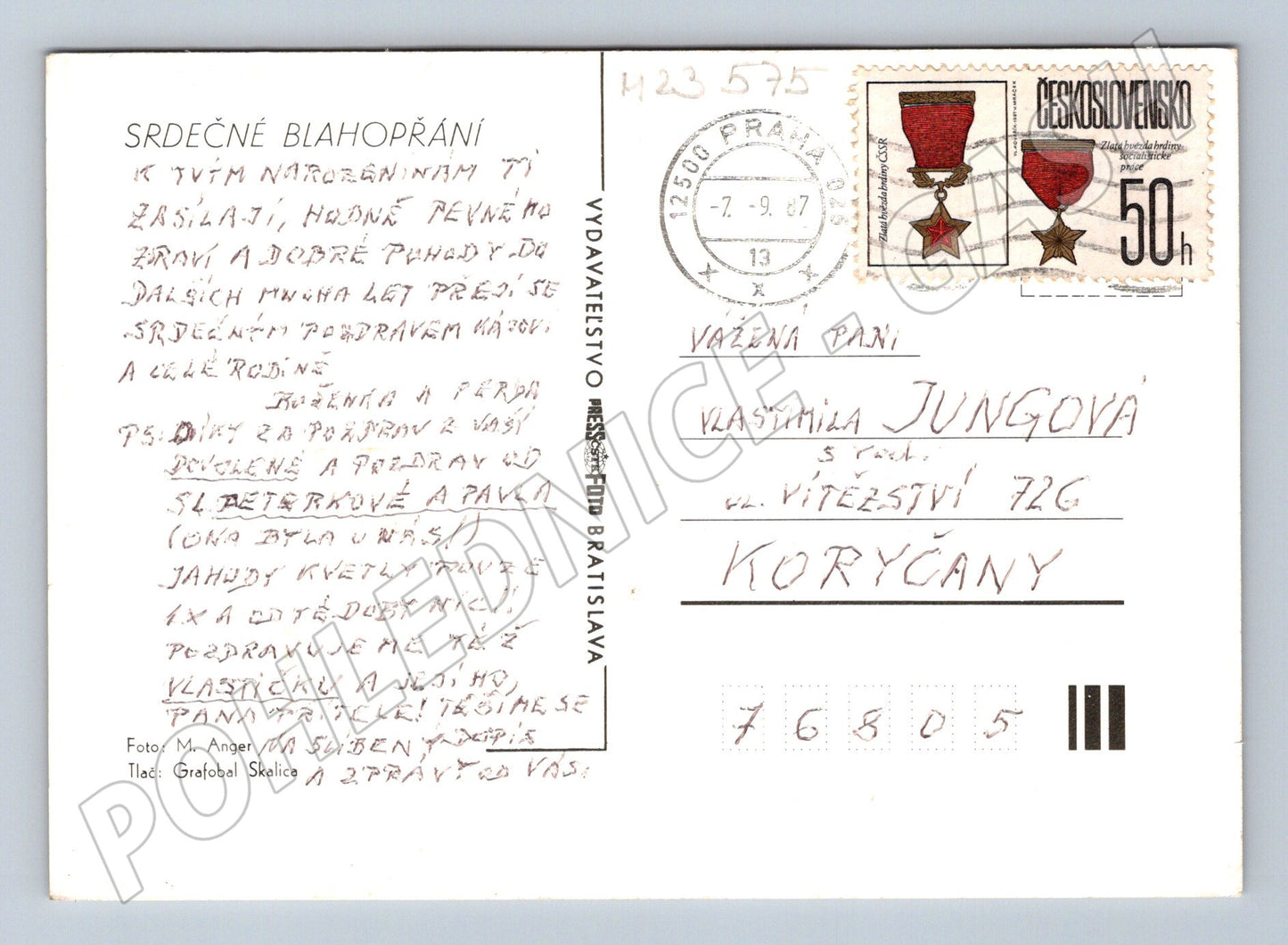Pohlednice tři růže květiny 1987 (M23575)