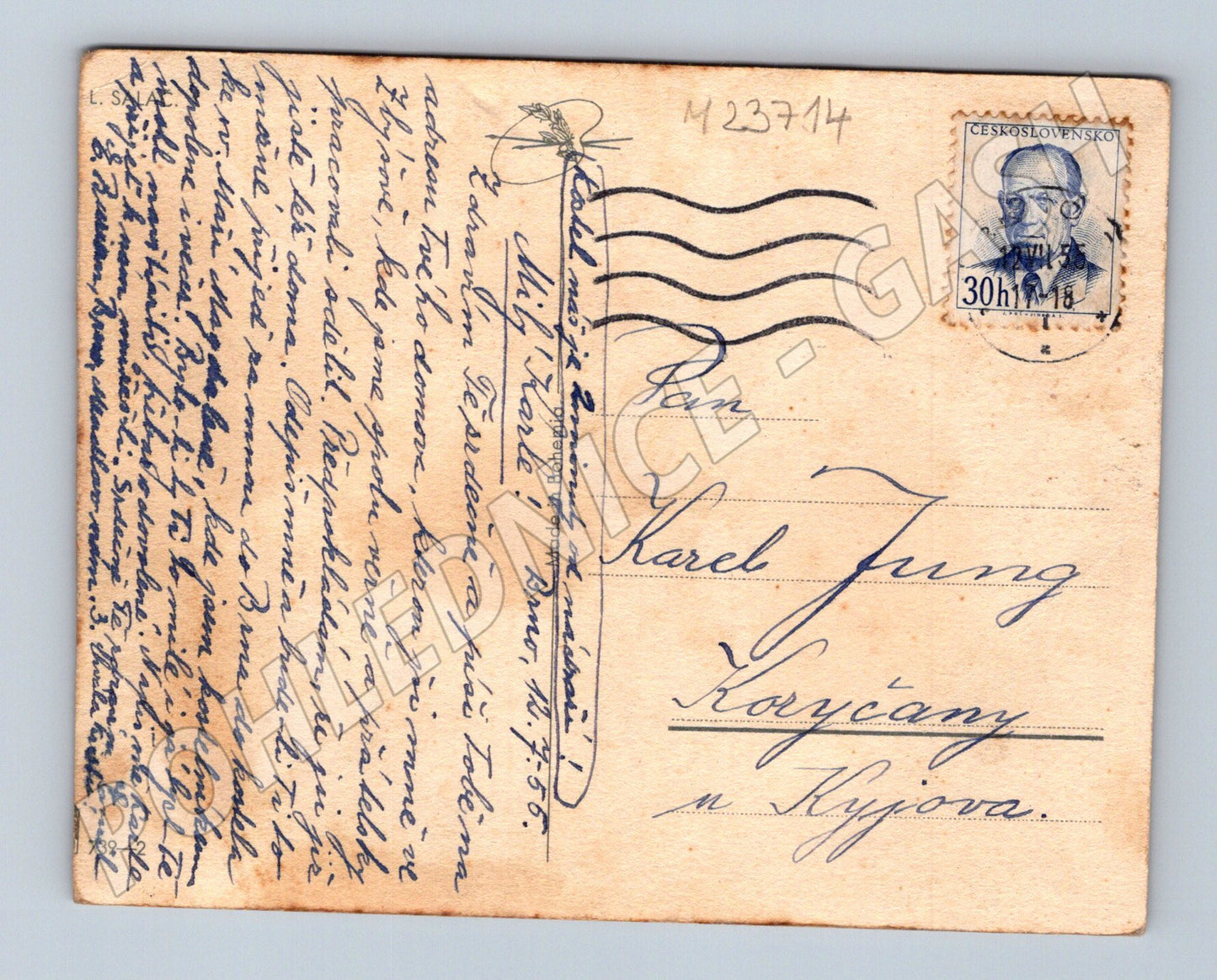 Pohlednice chlapec námořník květiny Koryčany 1958 (M23714)