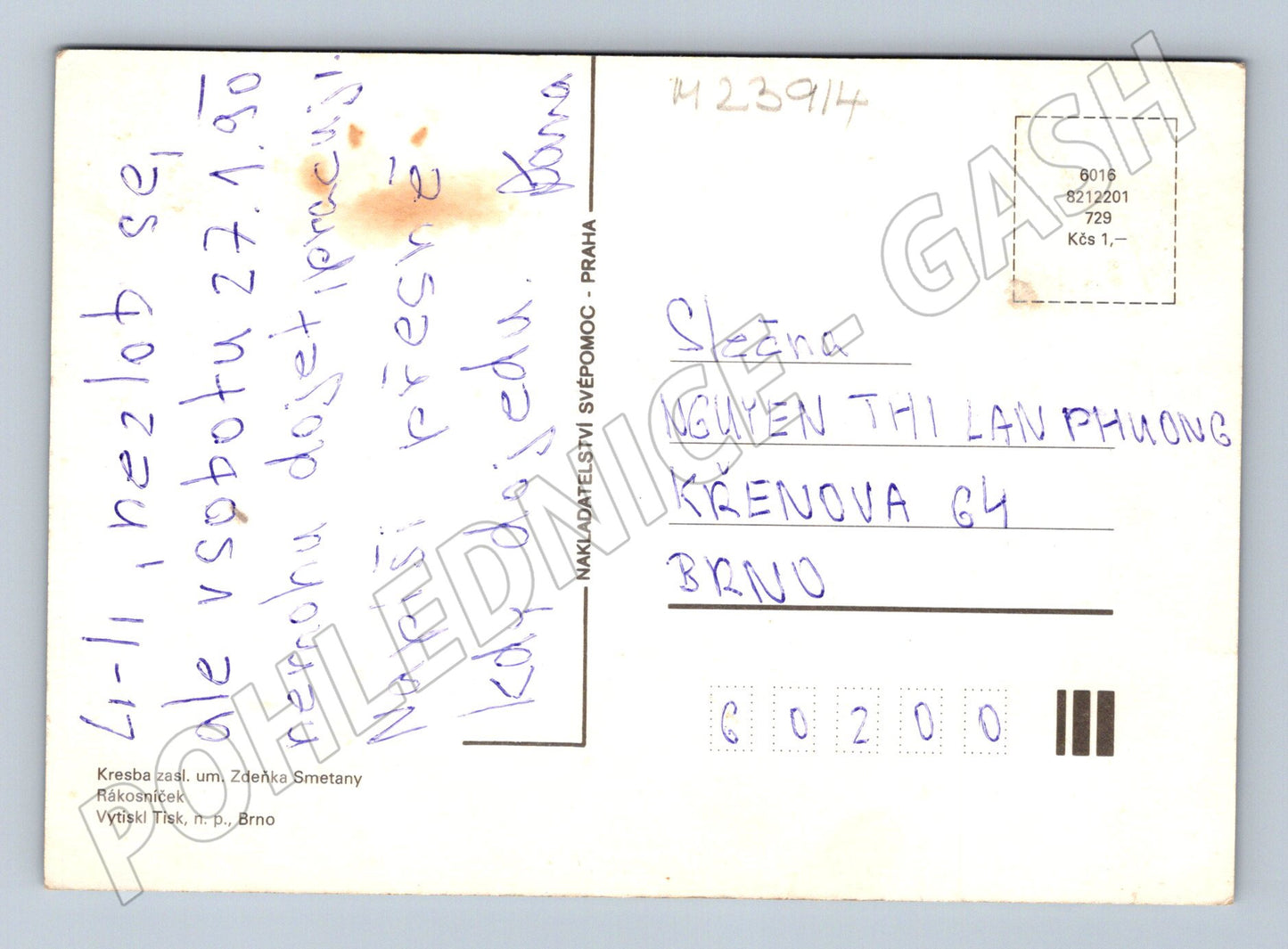 Pohlednice Rákosníček kresba Zdeňka Smetany 1990 (M23914)