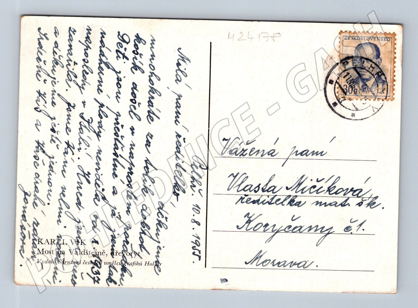 Pohlednice Valdštejn most dřevoryt 1955 (M24178)