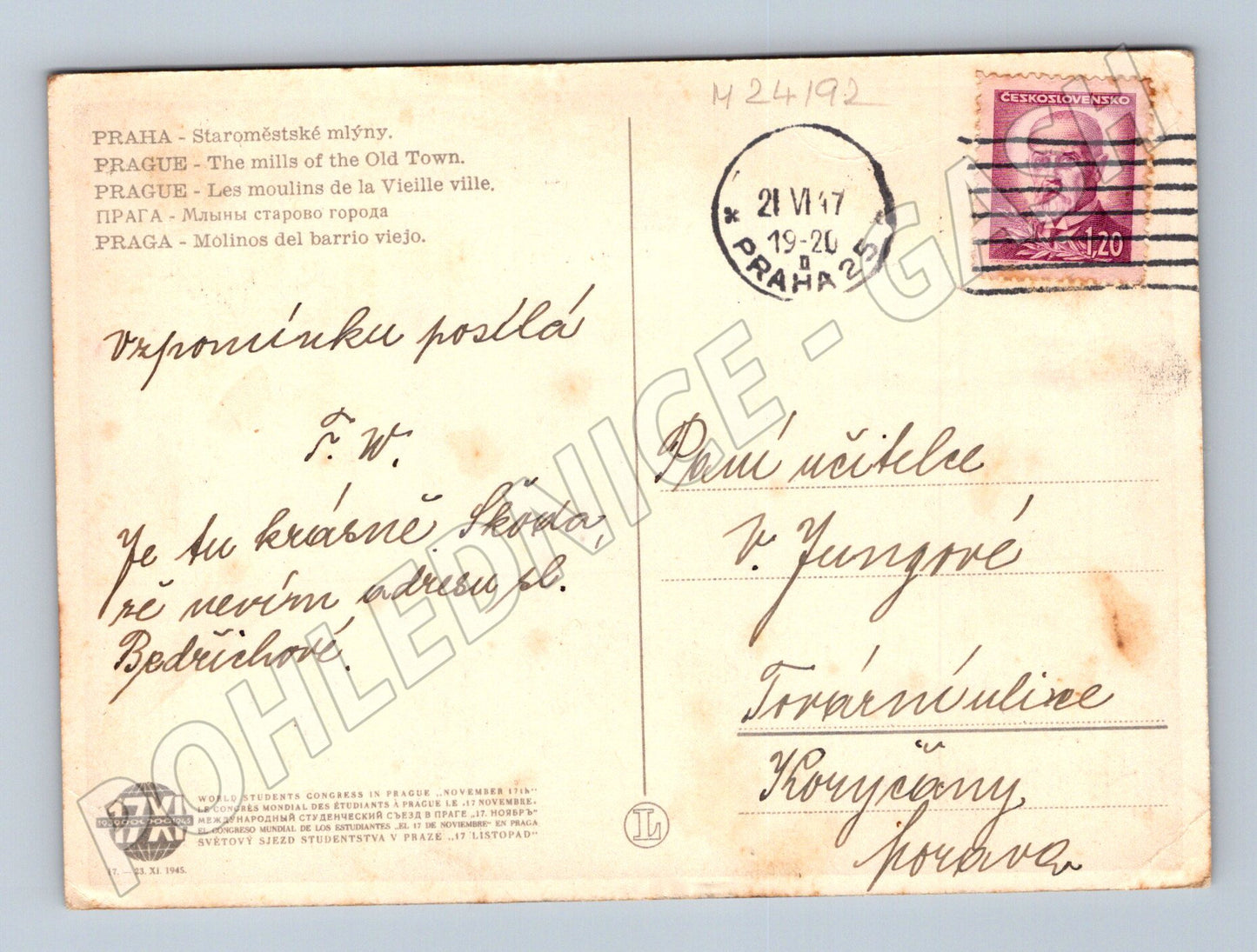 Pohlednice Praha Staroměstské mlýny 1947 (M24192)