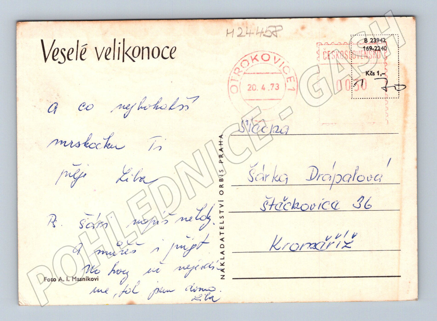Pohlednice velikonoční motiv kraslice narcisy 1973 (M24458)