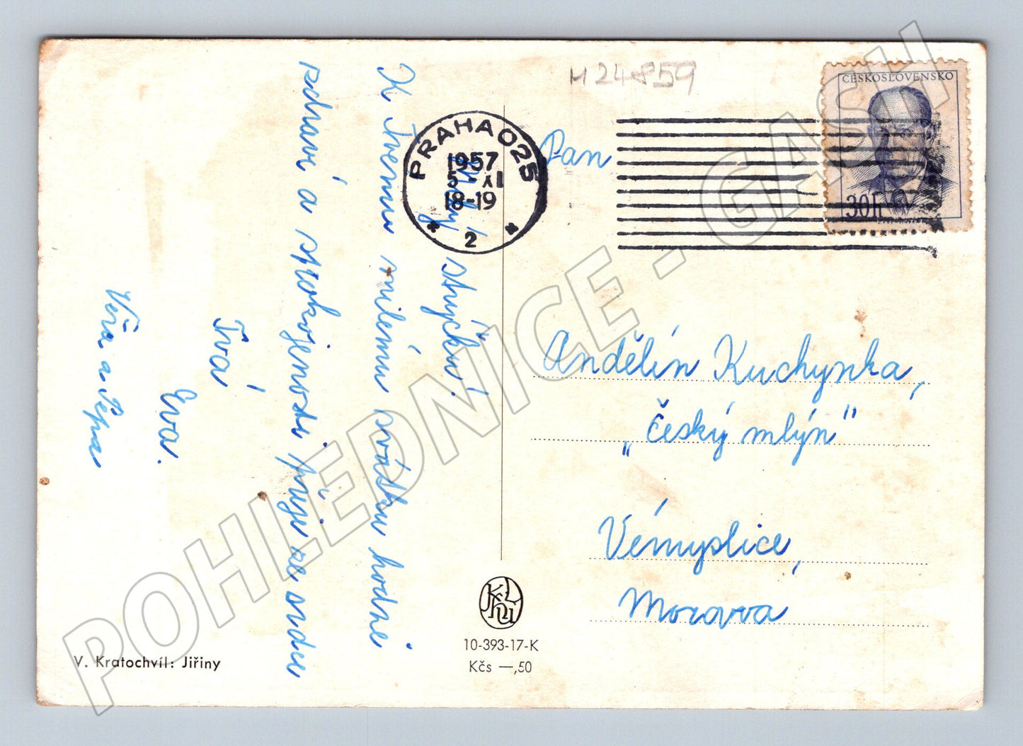 Pohlednice Kytice jiřin malba V. Kratochvíl 1957 (M24859)