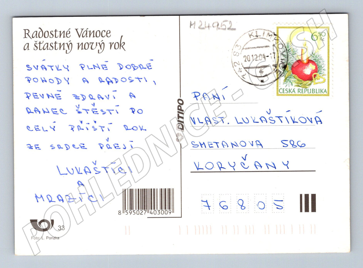 Pohlednice Vánoční motiv svíčka ozdoby 2004 (M24952)