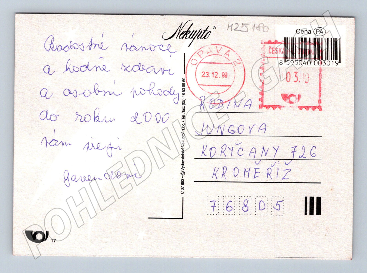 Pohlednice Vánoční zvonečky a prskavka 1999 (M25180)