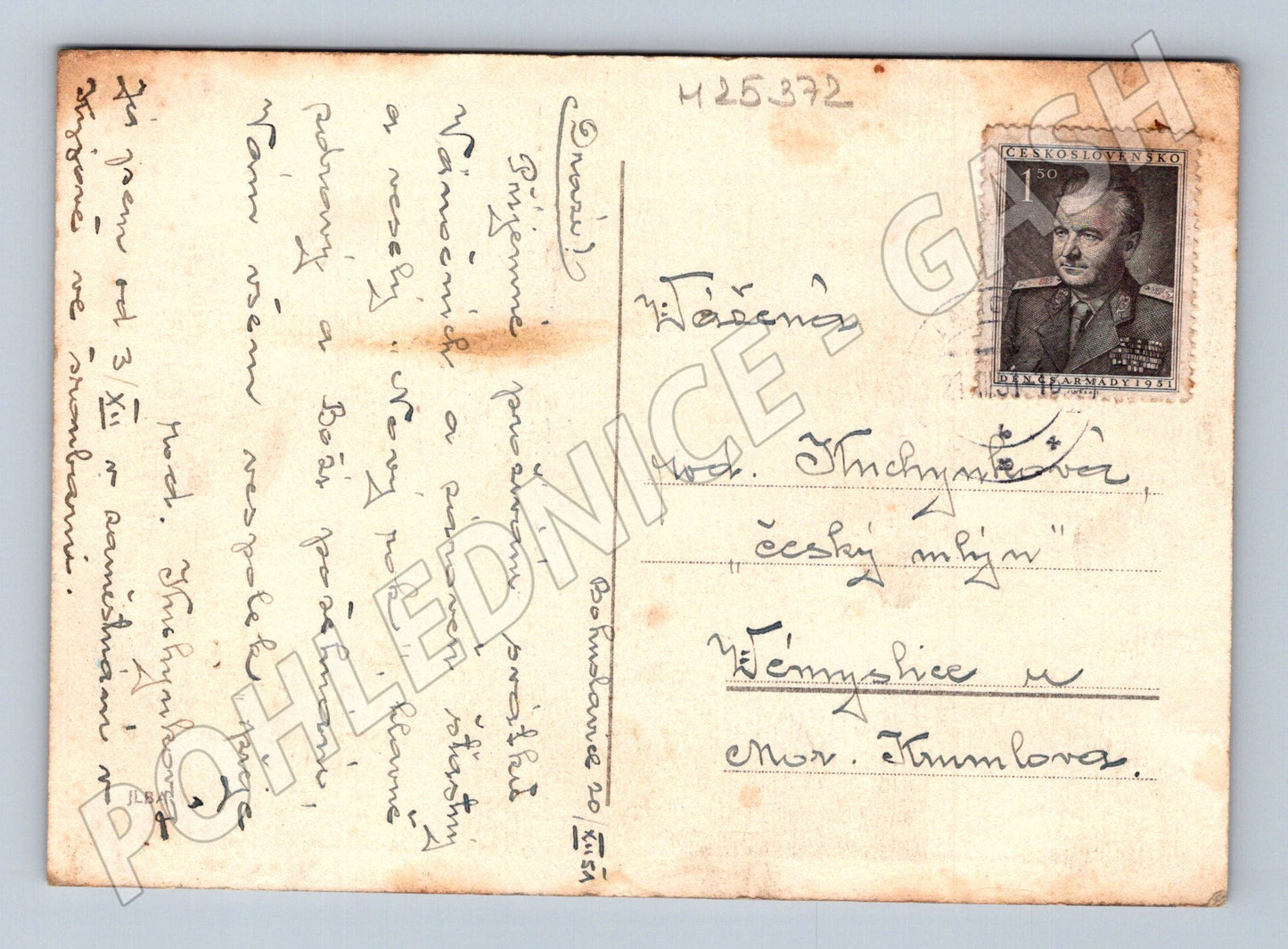 Pohlednice zimní krajina vesnice s kostelem 1951 (M25372)
