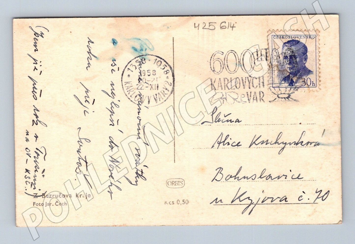 Pohlednice Bezručova kraje zimní krajina Vánoce 1958 (M25614)