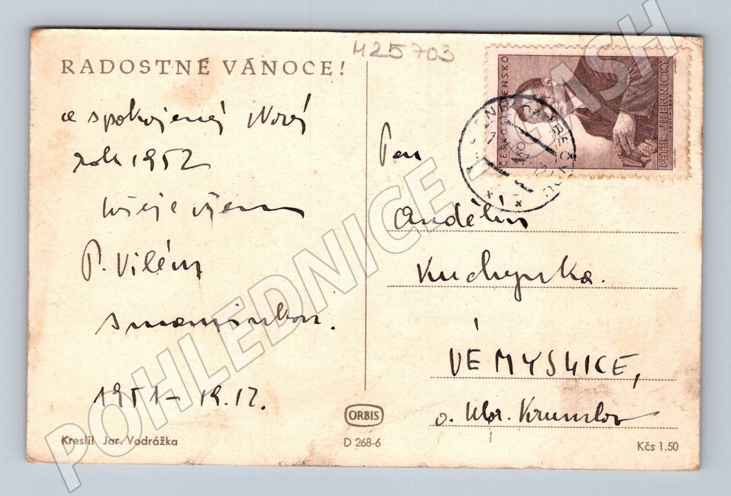 Pohlednice Děti a sněhulák sáně pes zimní motiv 1952 (M25703)