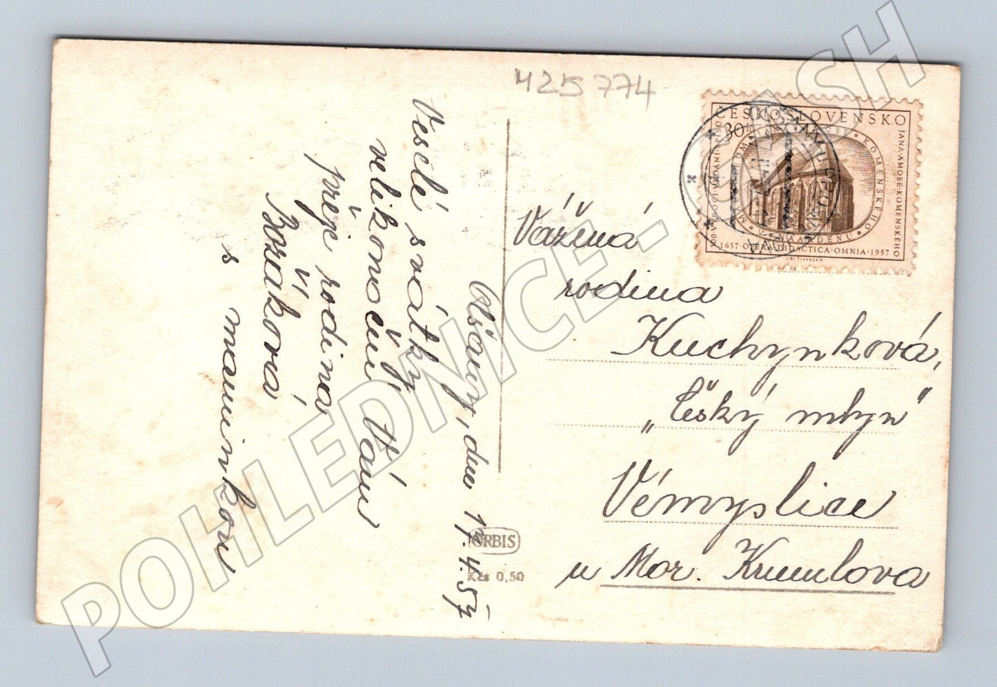 Pohlednice Veselé velikonoce kvetoucí strom chalupa 1957 (M25774)