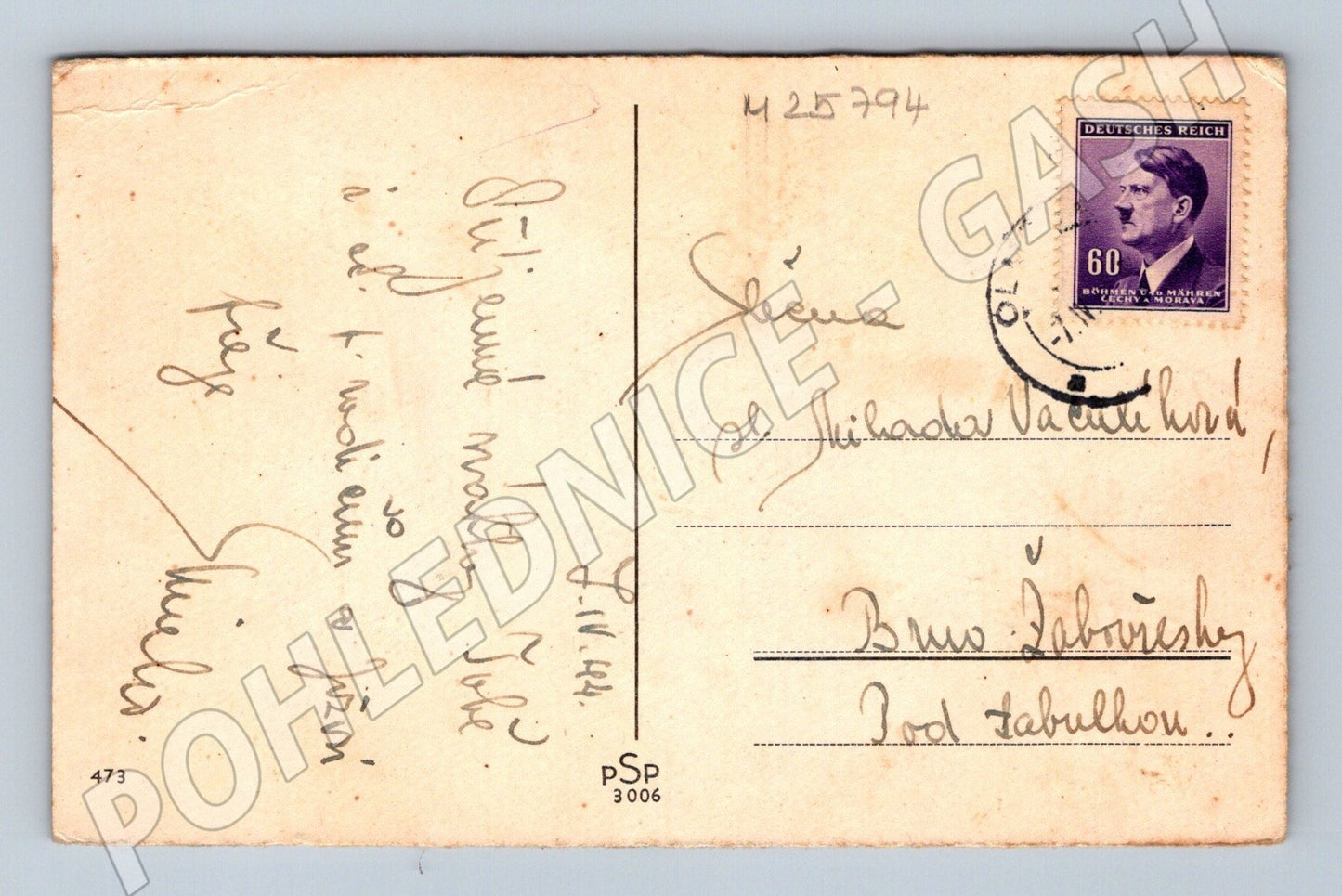 Pohlednice Protektorát rozkvetlý strom s věží 1944 (M25794)