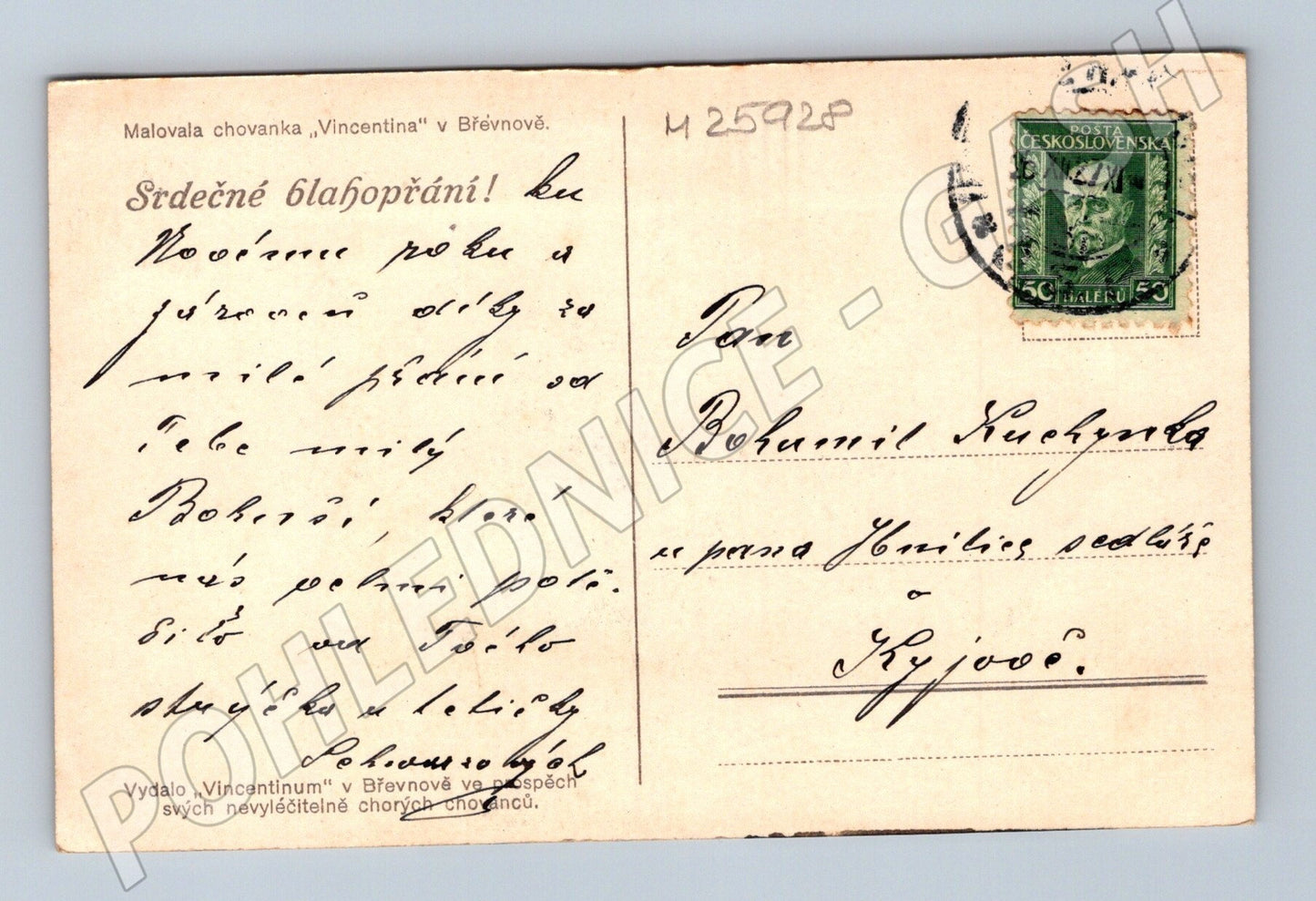 Pohlednice Břevnov kytice šeřík 1928 (M25928)