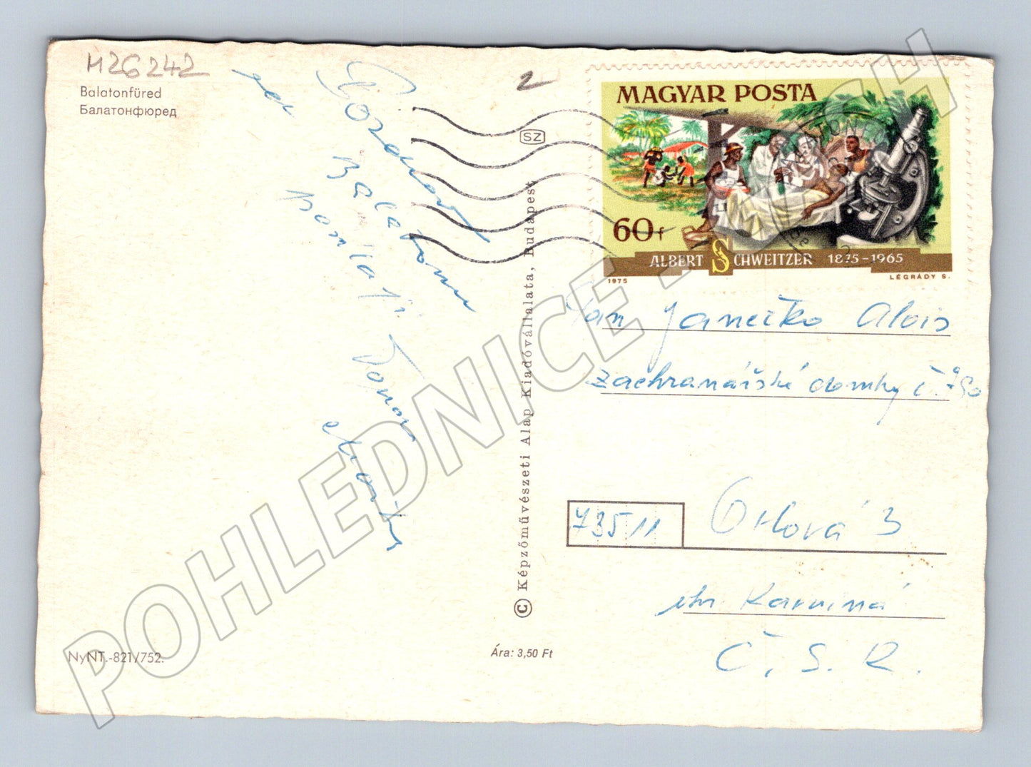 Pohlednice Maďarsko Balatonfüred hotel socha 1975 (M26242)