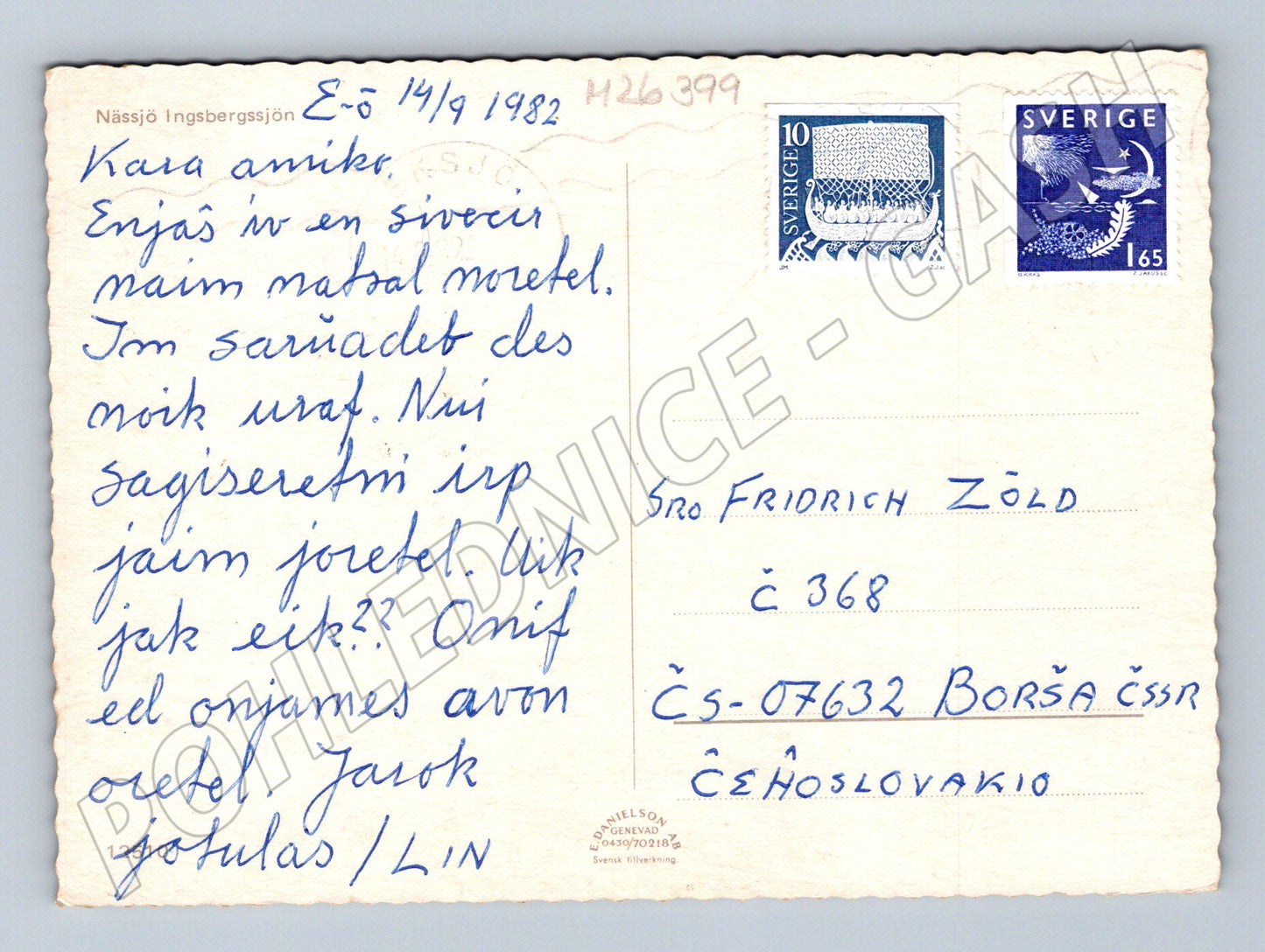 Pohlednice Švédsko Nässjö jezero Ingsbergssjön 1982 (M26399)