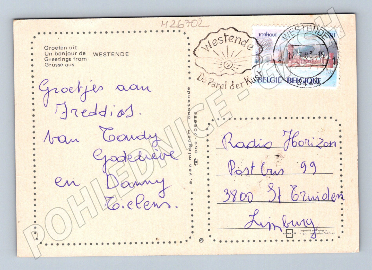 Pohlednice Belgie Westende kostel pláž budova 1983 (M26702)