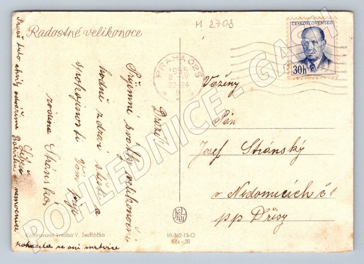 Postcard Vojtěch Sedláček countryside and storks 1955 (M2703)