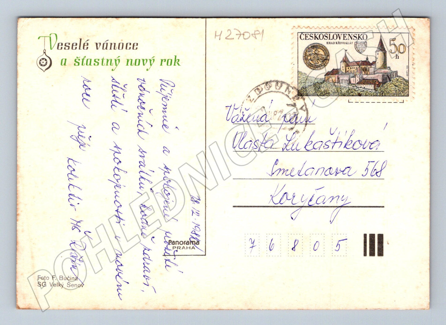 Pohlednice vánoční motiv ryba větve sklenice 1989 (M27081)