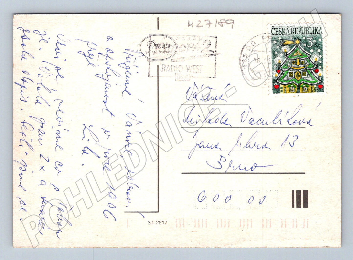 Pohlednice Vánoční s anděly a zvířátky 1989 (M27189)
