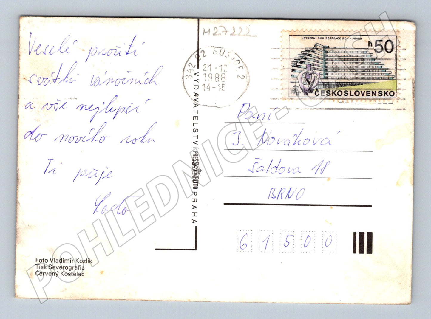 Pohlednice Vánoční motiv svíčky 1988 (M27222)