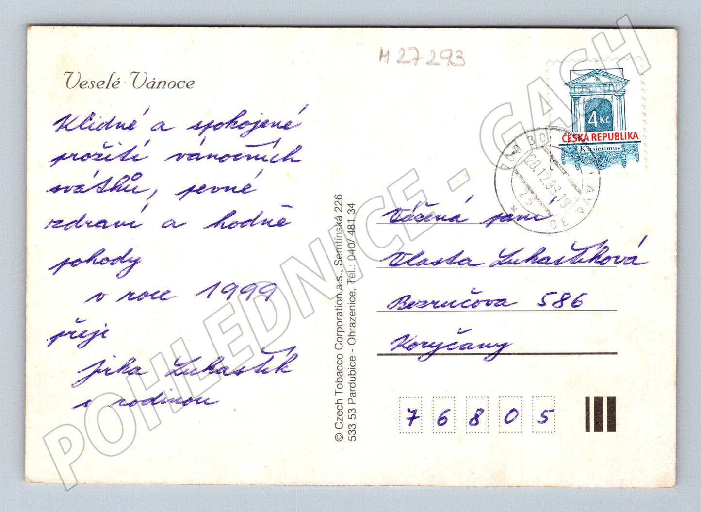 Pohlednice Vánoční zimní scéna s jelenem 1999 (M27293)