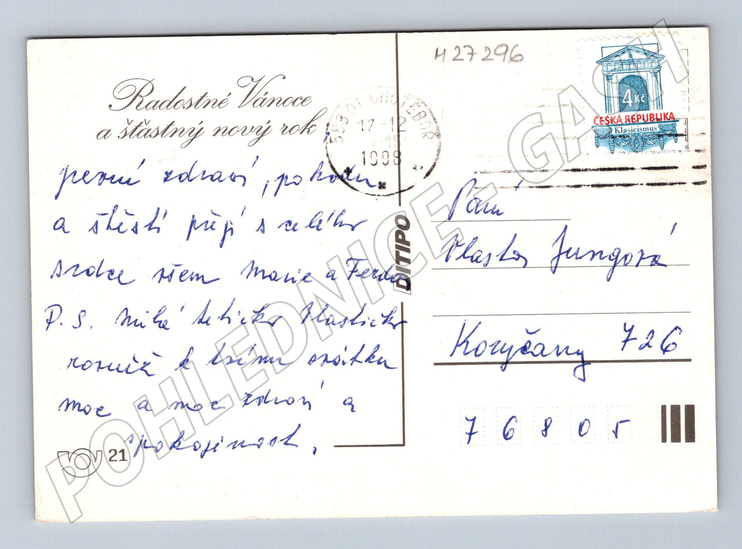 Pohlednice Vánoční zimní okna stromeček 1999 (M27296)