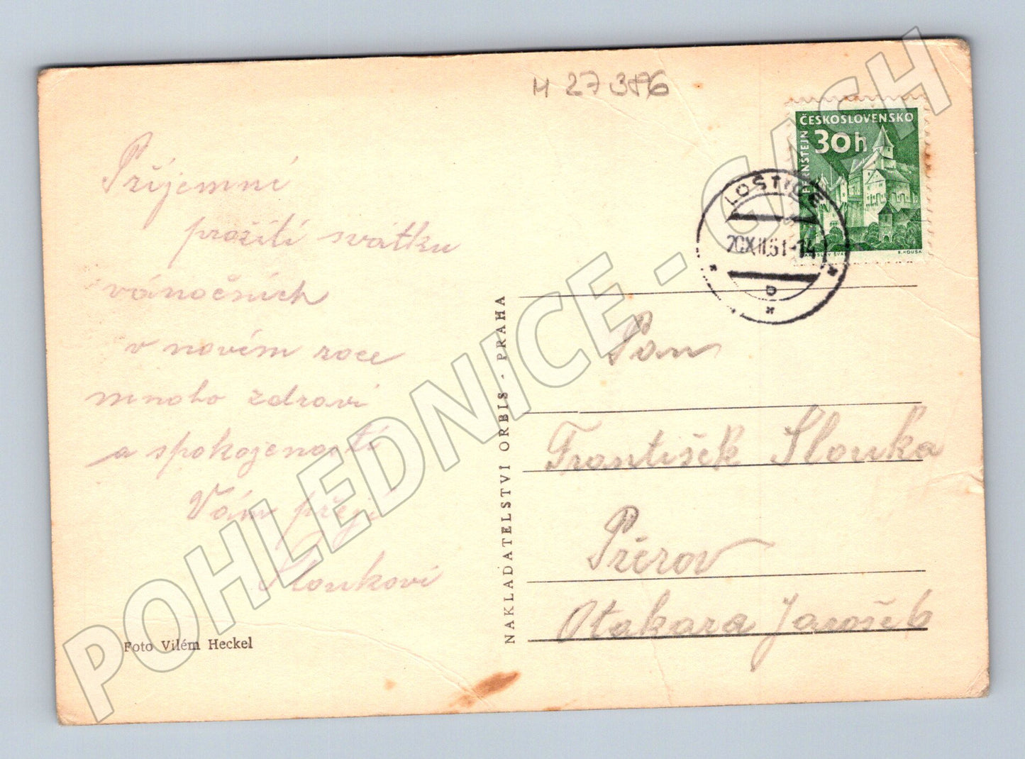 Pohlednice zimní krajina s textem Vánoce a Nový rok 1951 (M27386)
