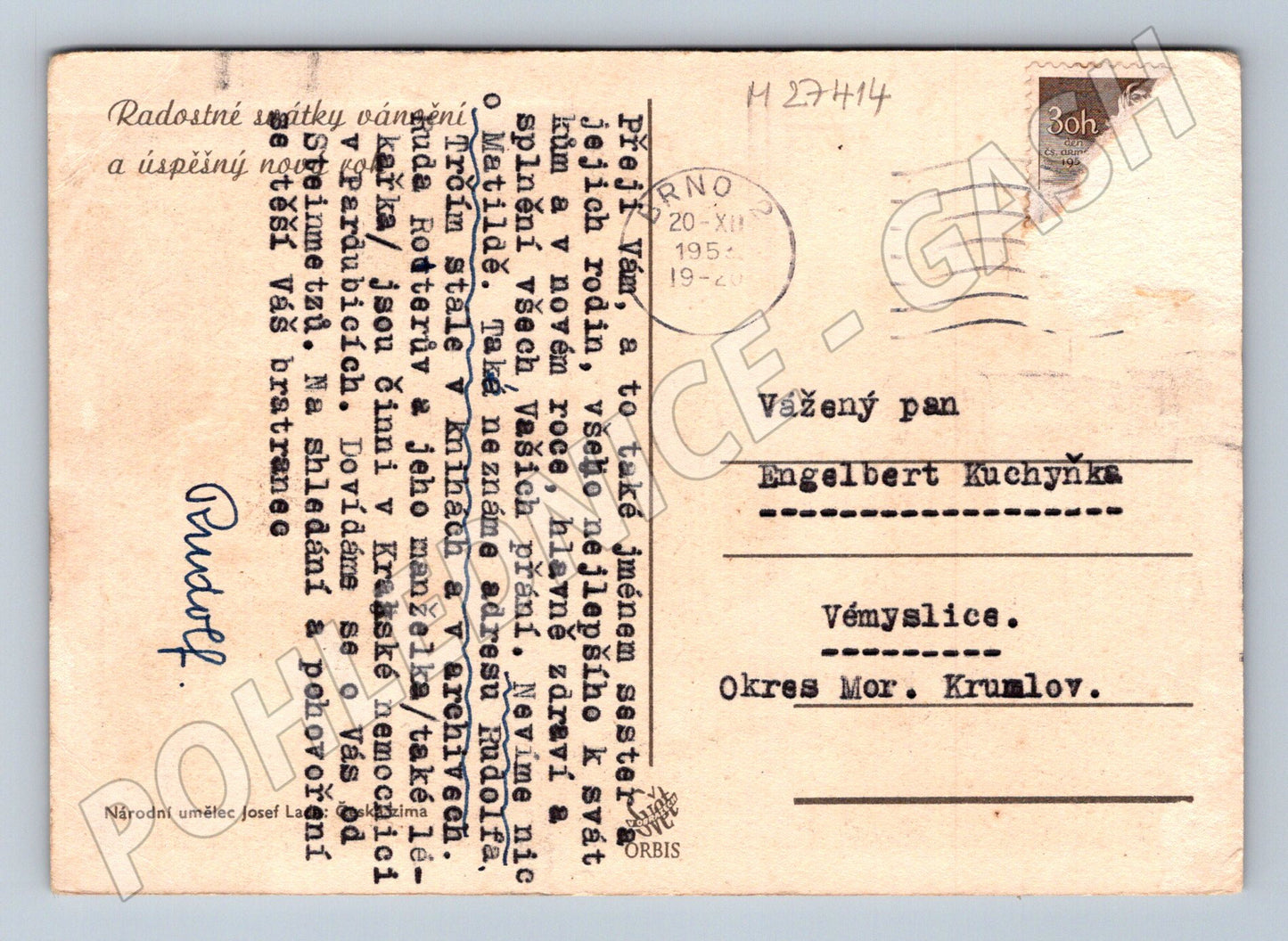 Pohlednice zimní motiv Josef Lada 1951 (M27414)