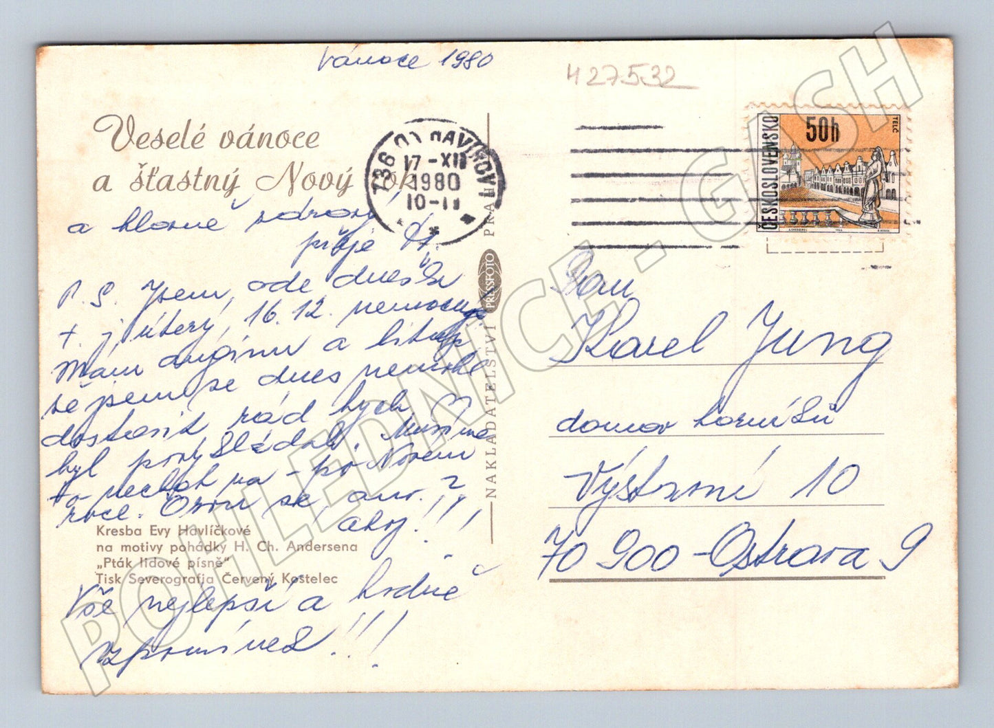 Pohlednice Vánoce babička děti kočka 1980 (M27532)