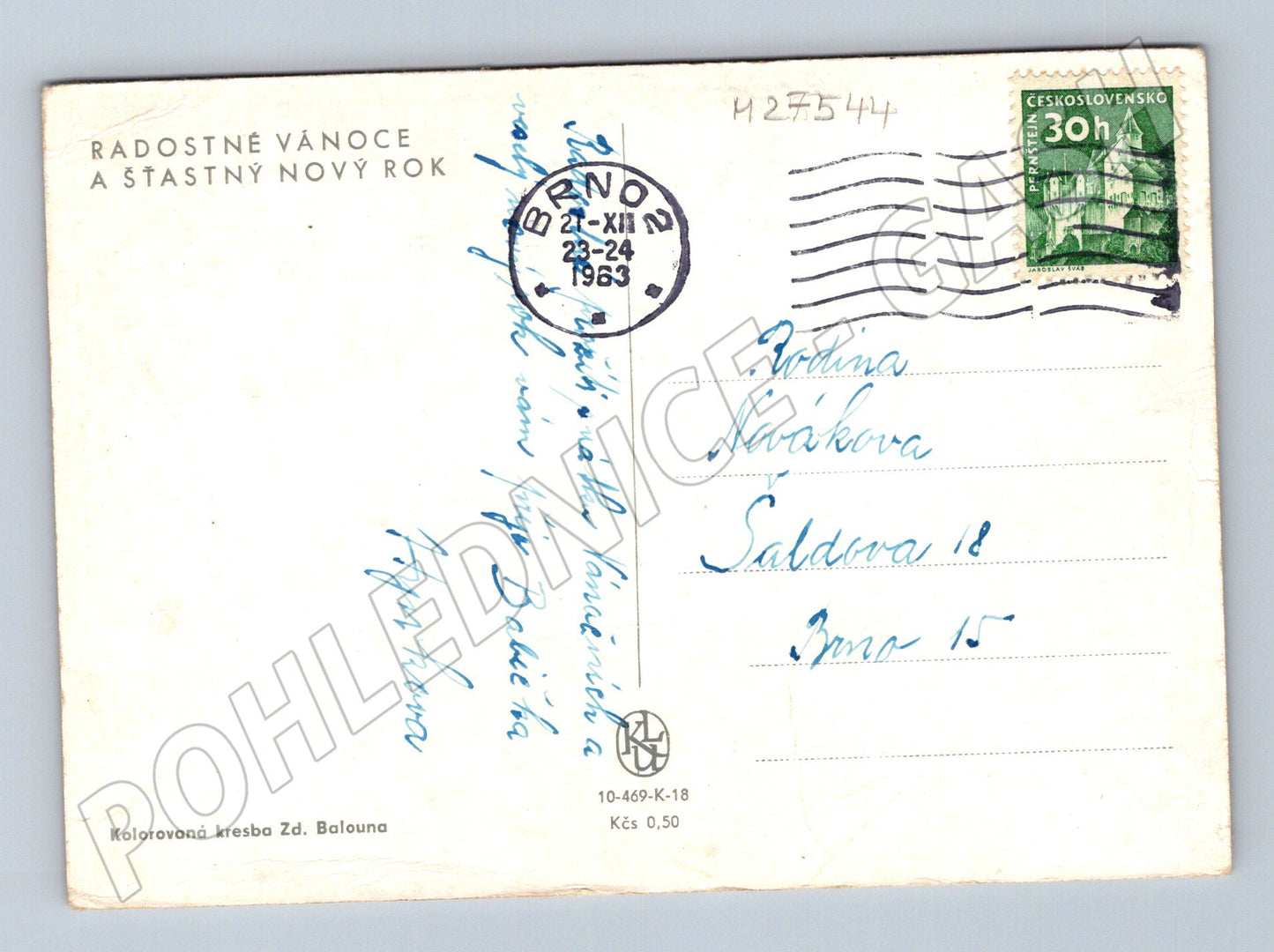 Pohlednice zimní scéna děti hrají hokej 1963 (M27544)