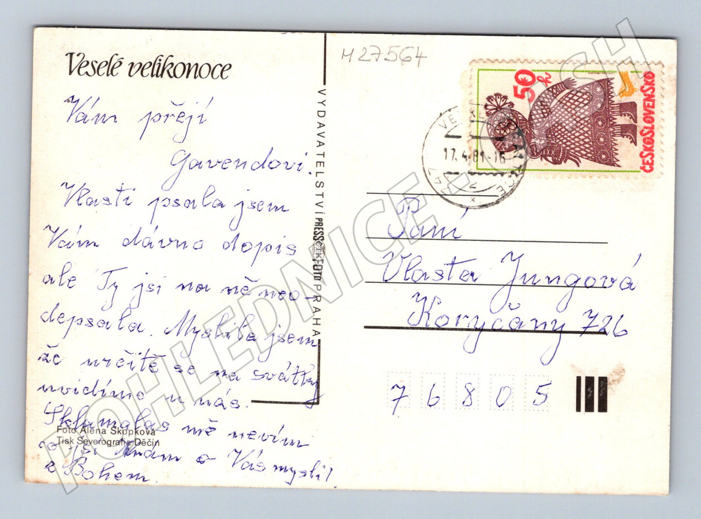 Pohlednice Velikonoce vejce a výšivka 1984 (M27564)
