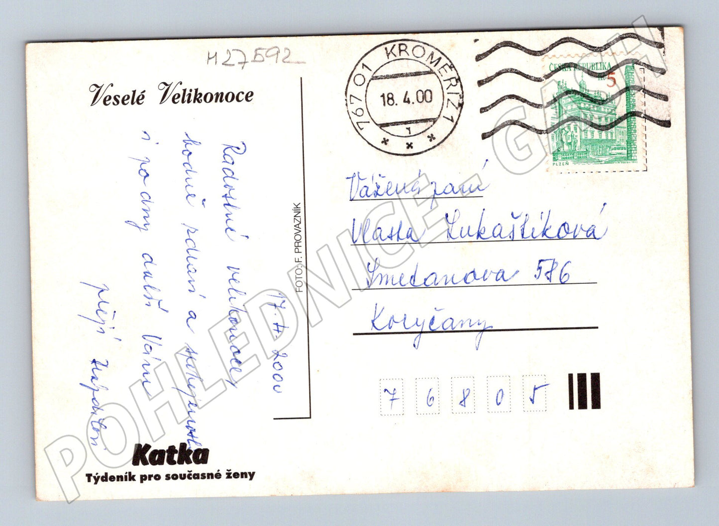 Pohlednice Velikonoce v košíku Kroměříž 2000 (M27592)