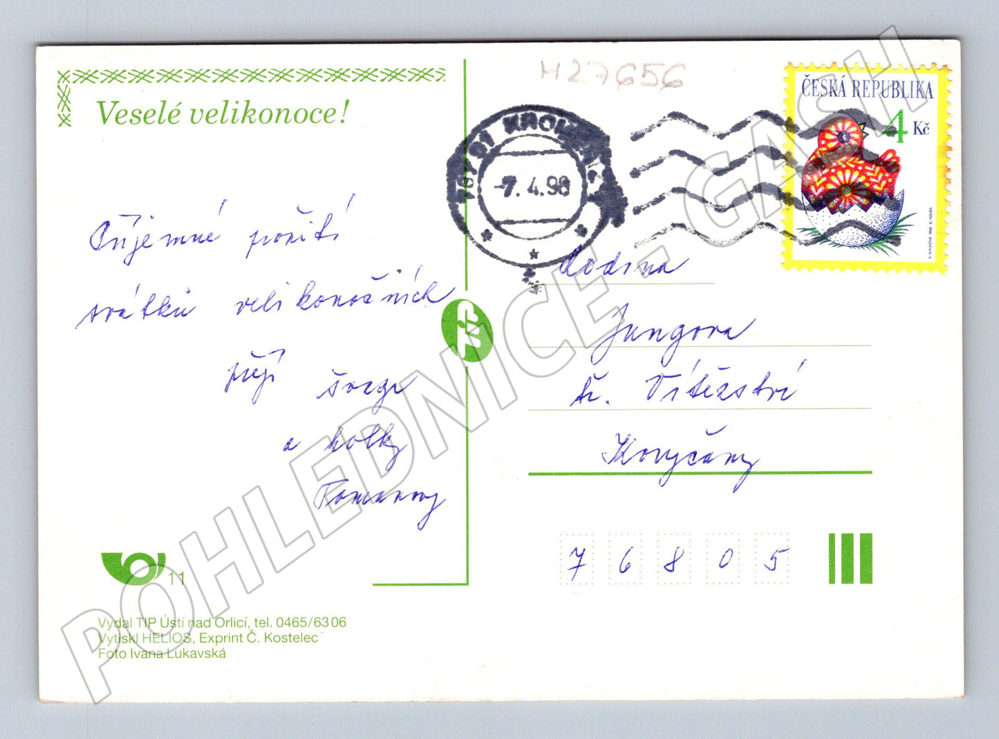 Pohlednice Velikonoční motiv s vajíčky a květinou 1998 (M27656)