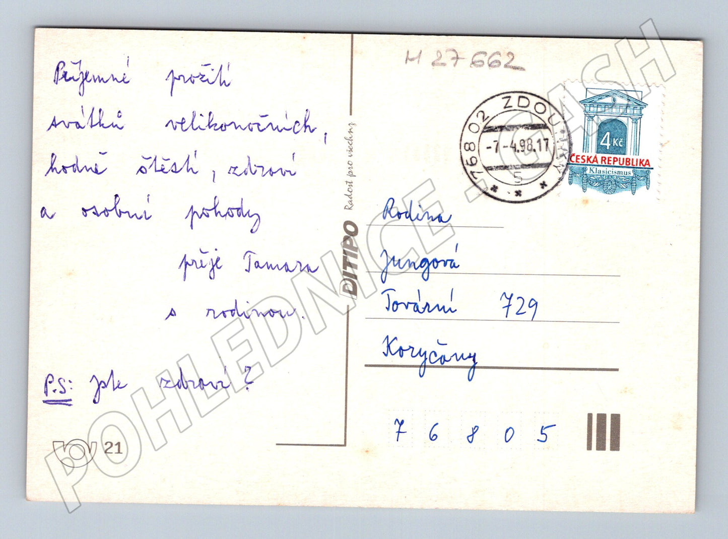 Pohlednice Velikonoční motiv kuřátka 1998 (M27662)