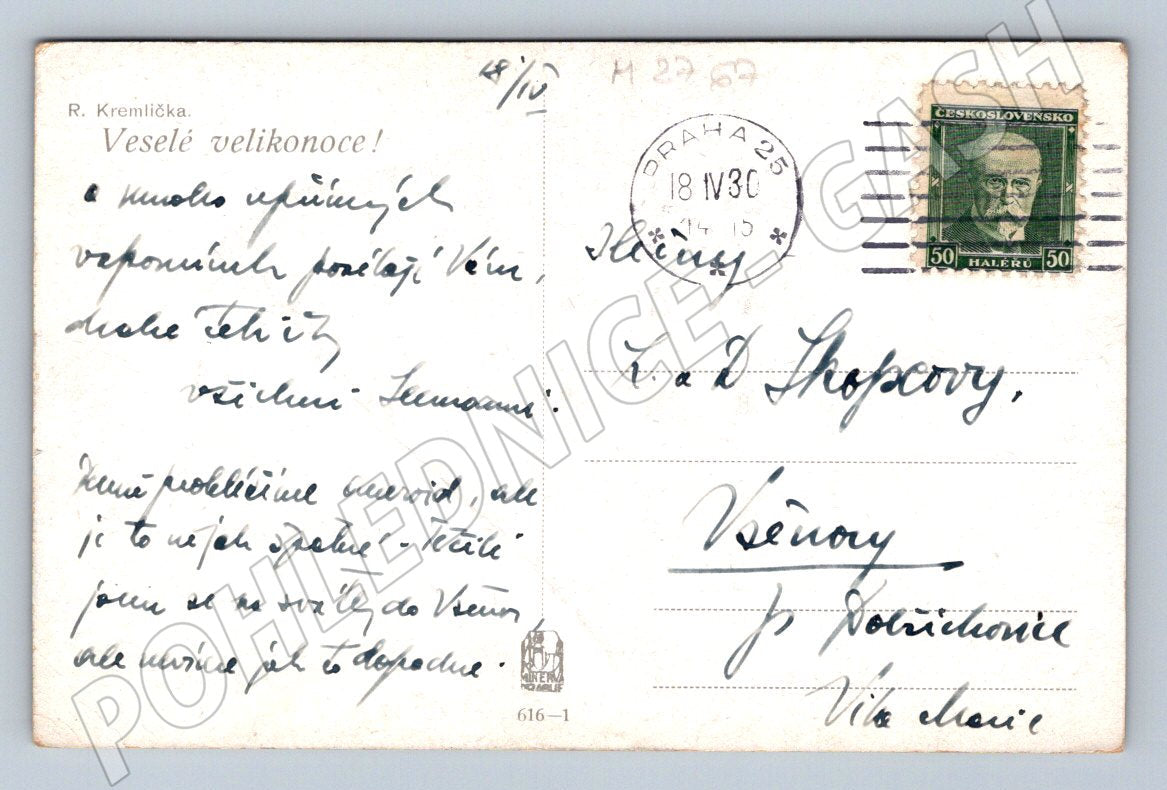 Postcard R Kremlička Easter motif 1930 (M2767)