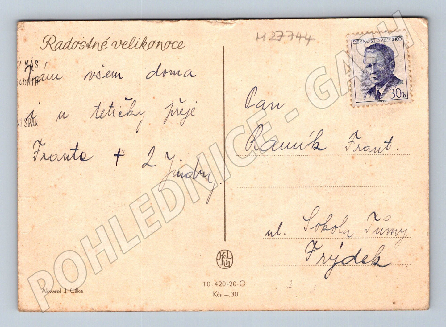 Pohlednice Velikonoční slepice a kočičky kolem 1950 (M27744)