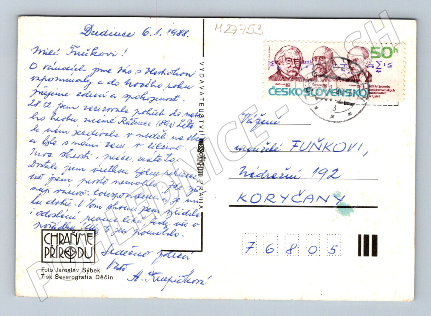 Pohlednice venkovská krajina s rybníkem a domky 1988 (M27753)