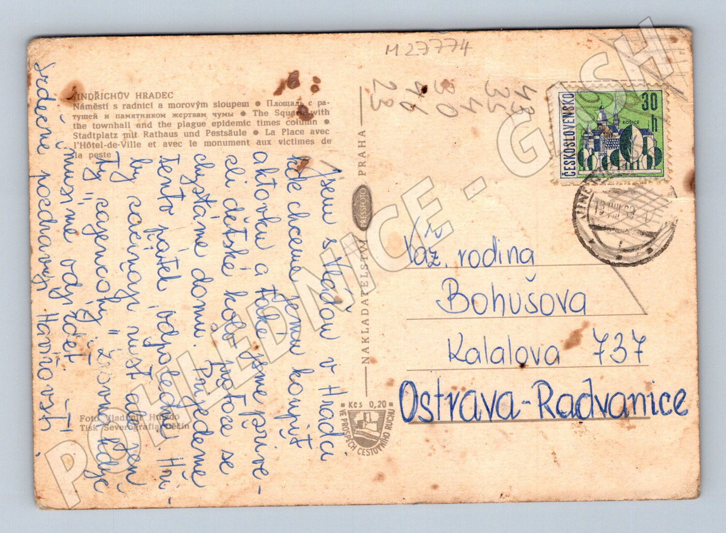 Pohlednice Jindřichův Hradec náměstí s morovým sloupem 196x (M27774)