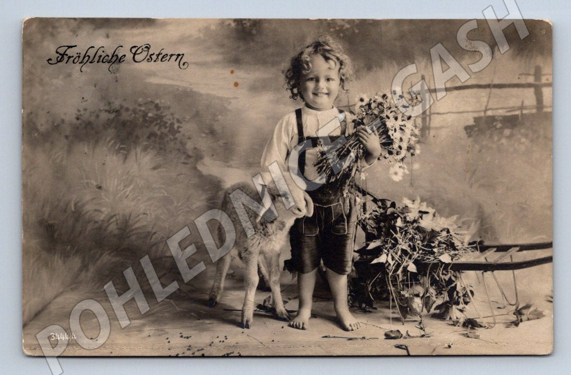 Pohlednice dítě a jehně 1909 velikonoční (M2781)