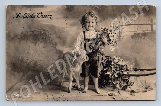 Pohlednice dítě a jehně 1909 velikonoční (M2781)