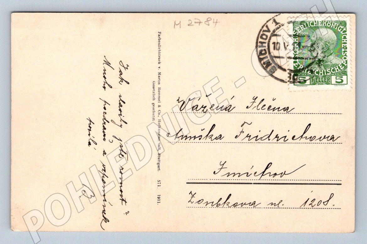 Pohlednice fialky a vrba s kočičkami 1908 (M2784)