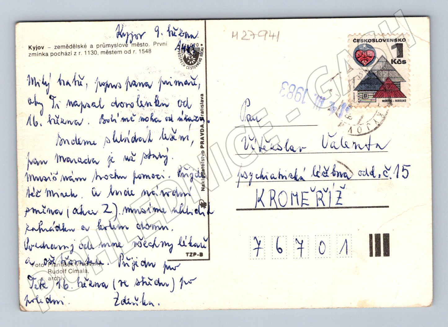 Pohlednice Kyjov radnice pohled na město a folklor 1983 (M27941)