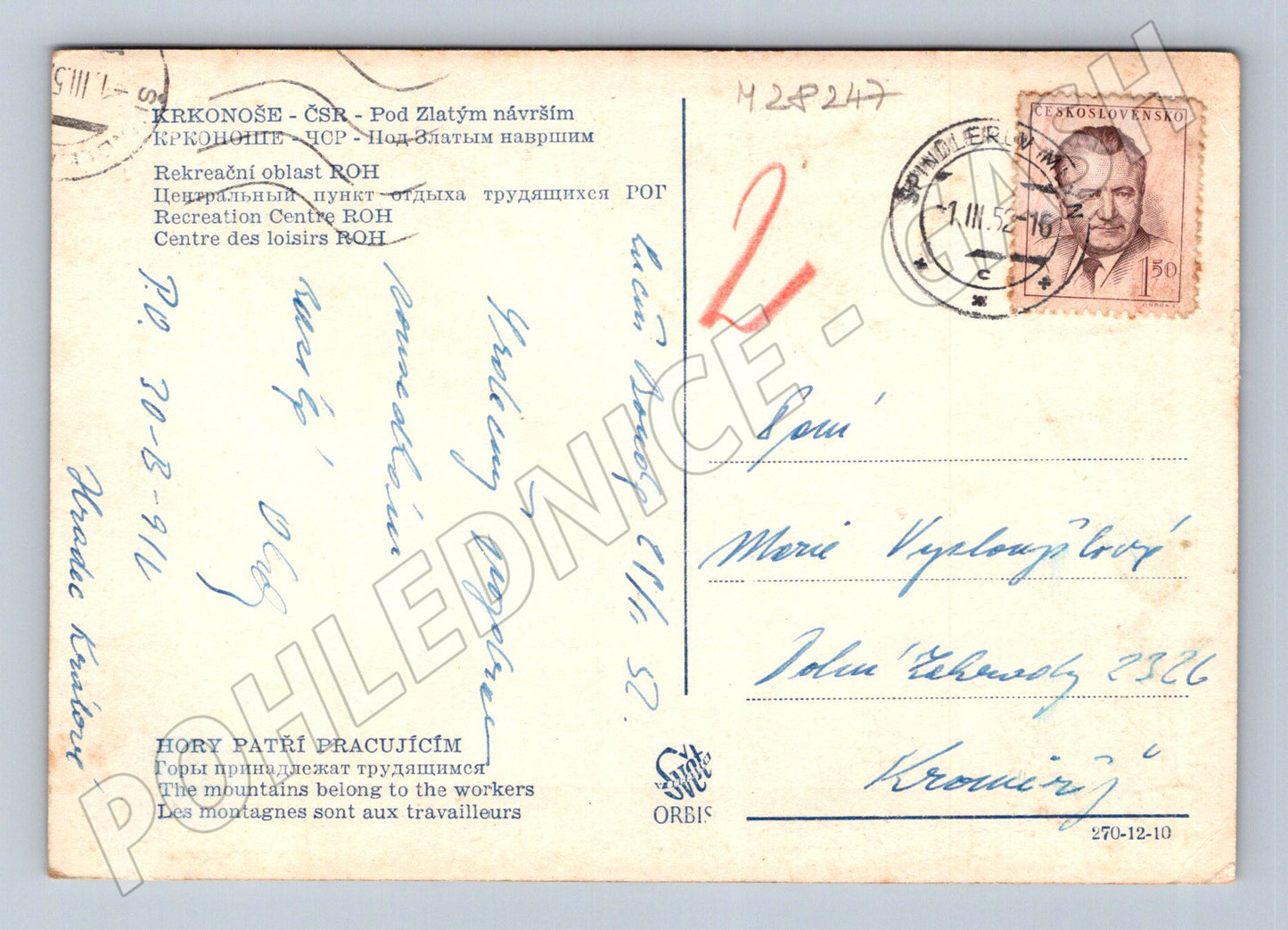 Pohlednice Krkonoše Pod Zlatým návrším 1952 (M28247)