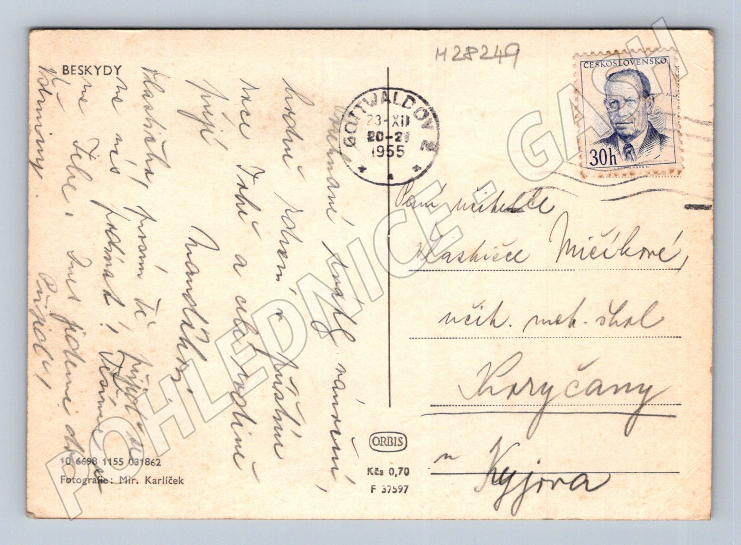 Pohlednice Beskydy lyžař v zasněžených horách 1955 (M28249)