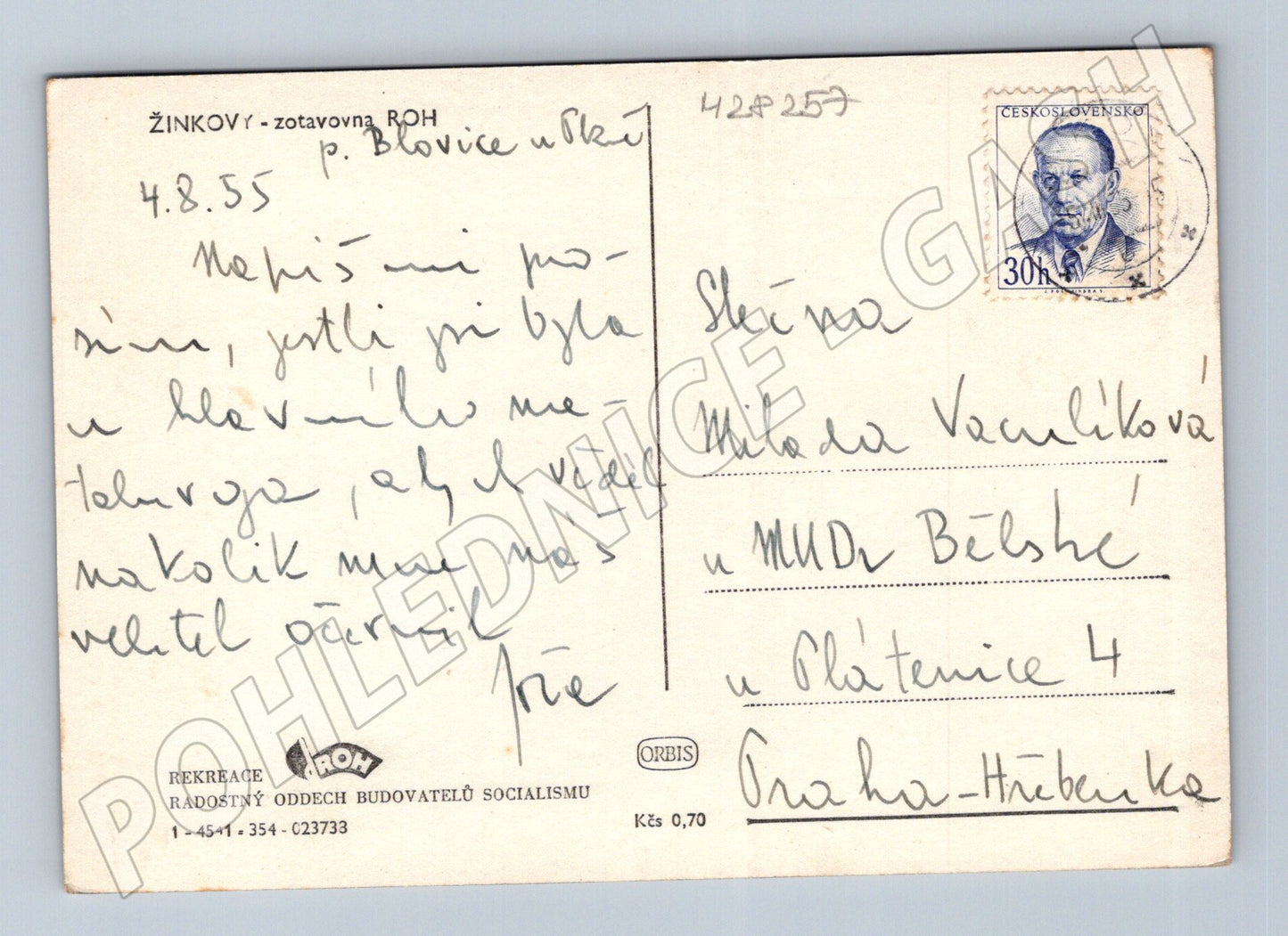 Pohlednice Žinkovy zámek 1955 (M28257)