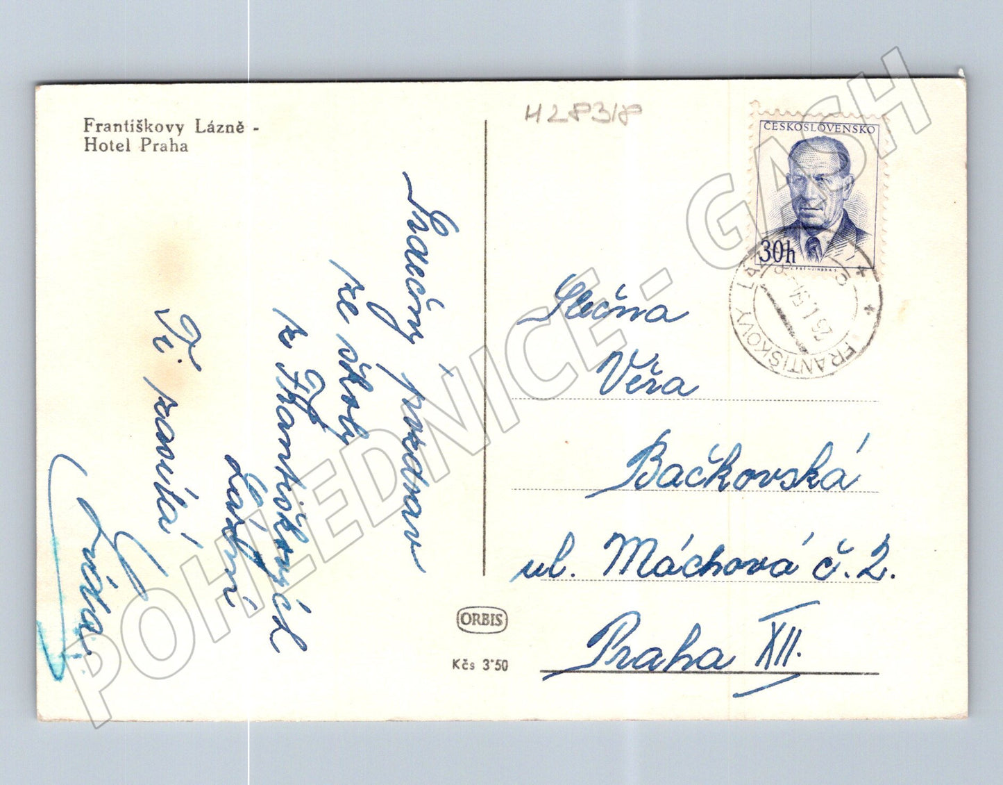 Pohlednice Frantiskovy Lázně Hotel Praha 1952 (M28318)
