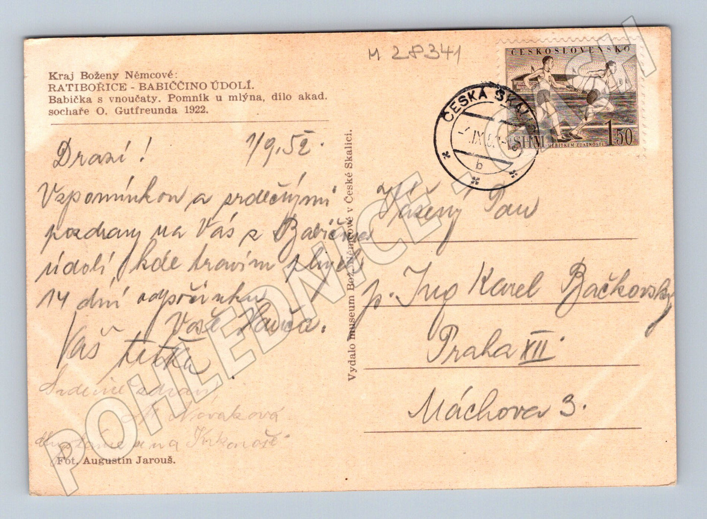 Pohlednice Ratibořice Babiččino údolí pomník 1952 (M28341)