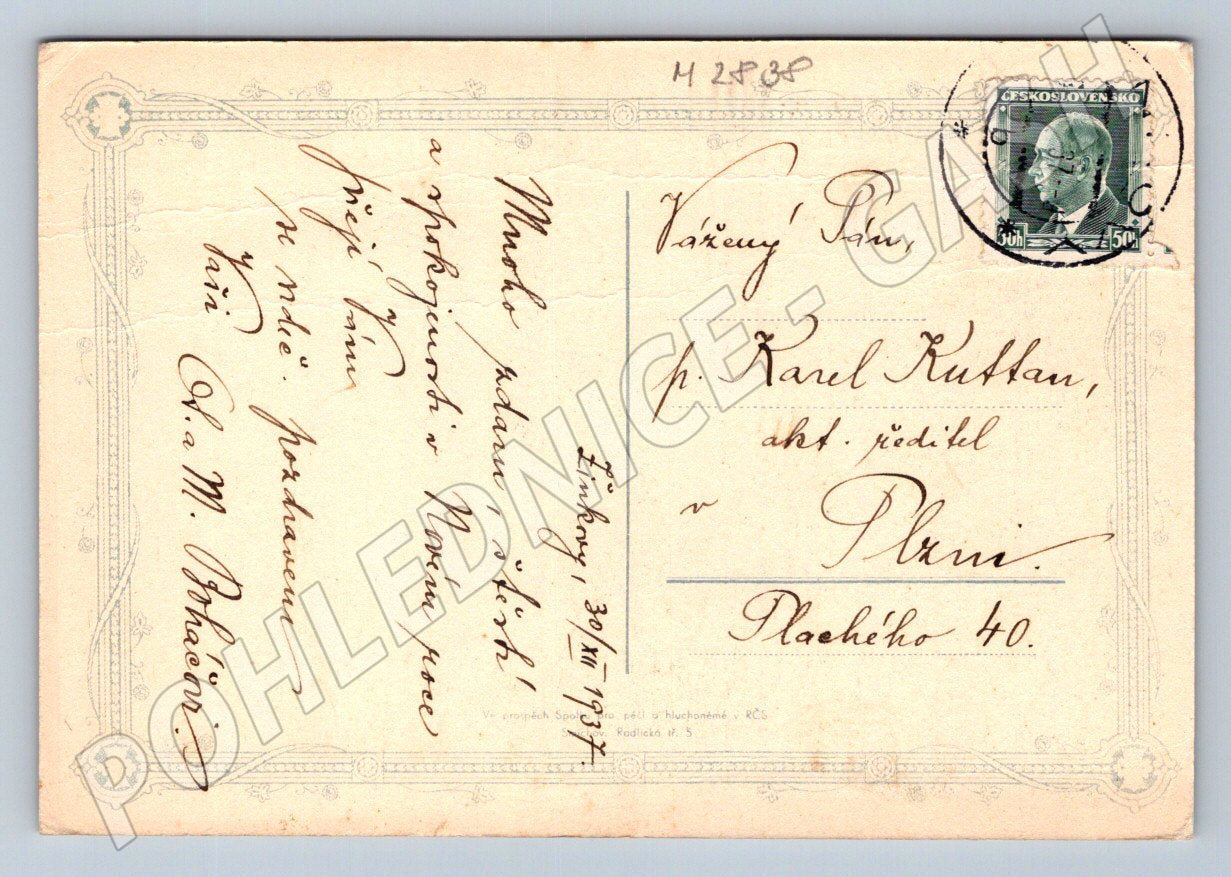 Pohlednice Konstantin Roušek zimní krajina 1937 (M2838)