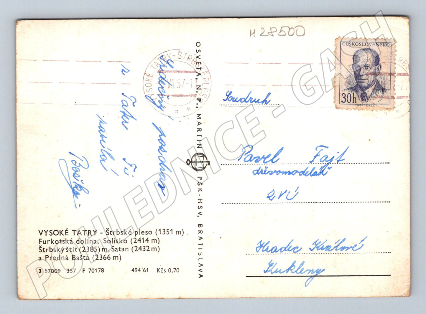 Pohlednice Slovensko Štrbské pleso Vysoké Tatry 1957 (M28500)