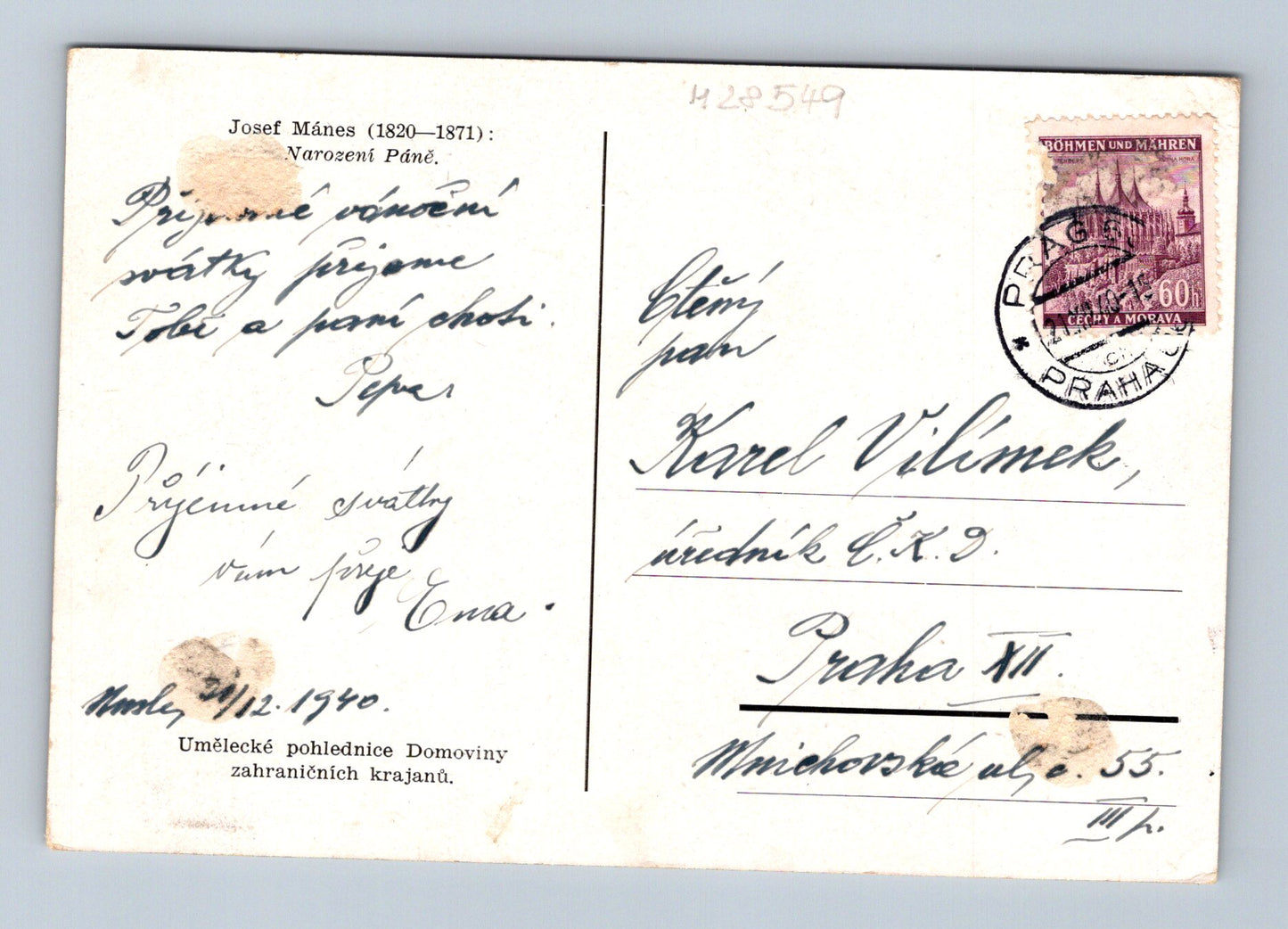 Pohlednice Josef Mánes Narození Páně 1940 (M28549)