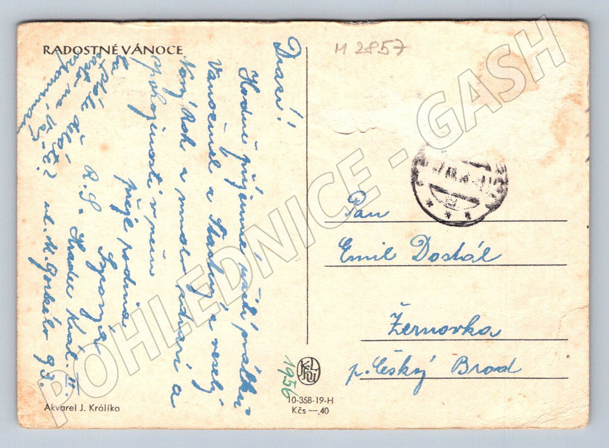 Pohlednice saně a kočka zimní motiv 1956 (M2857)