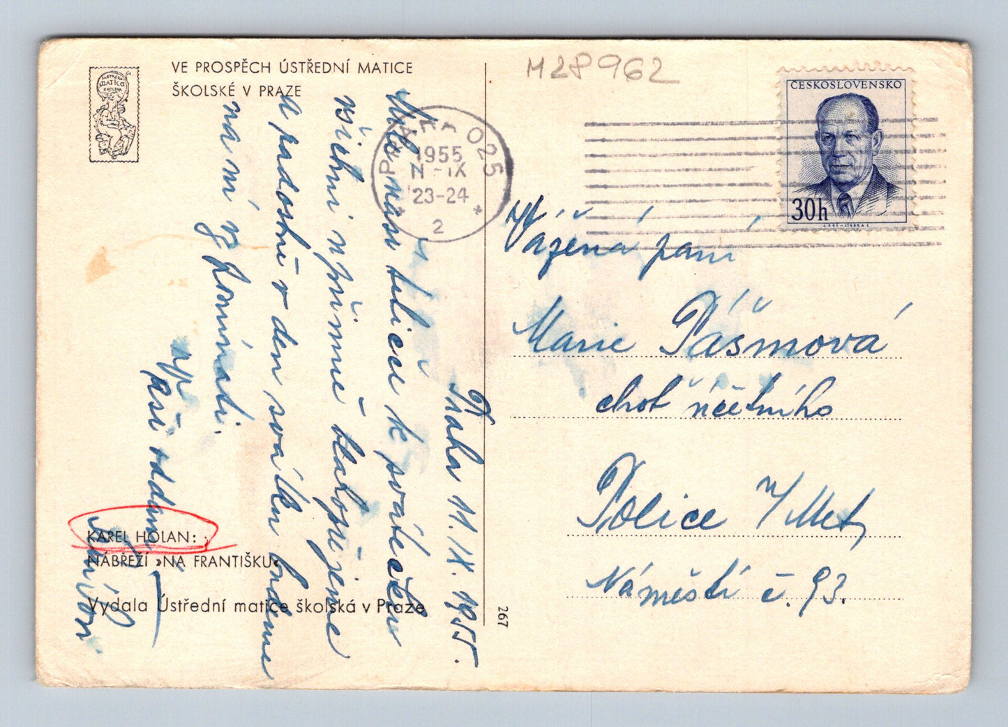 Pohlednice Praha Nábřeží na Františku Karel Holan 1955 (M28962)
